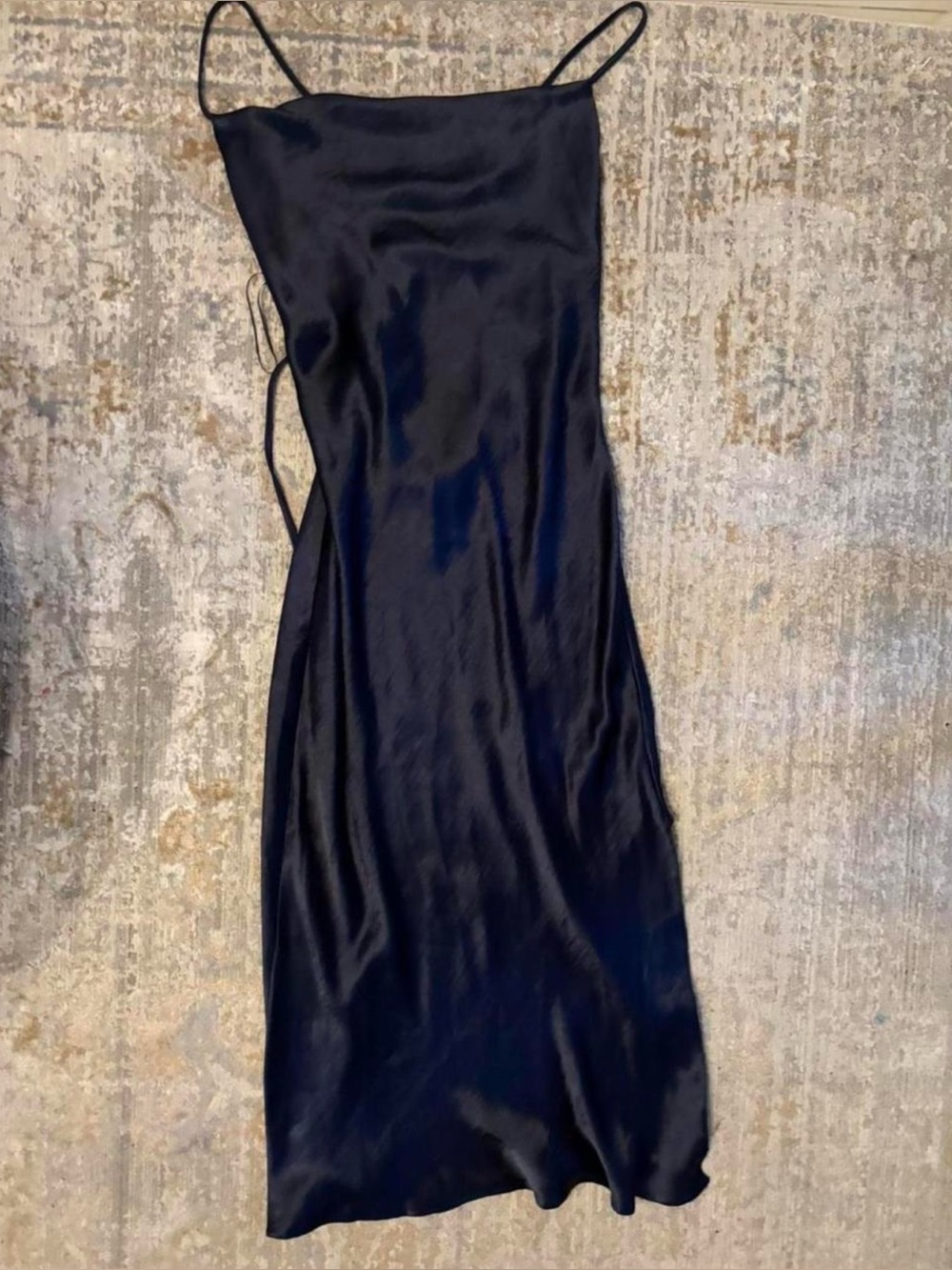 Satin cowl neck dress. Navy blue satin slip dress